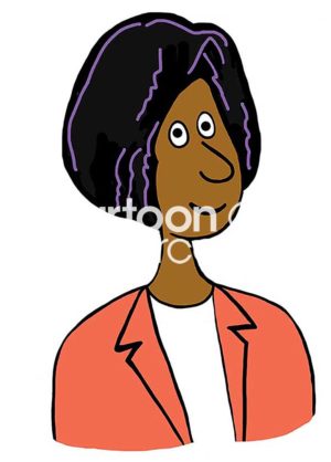Character cartoon illustration showing an African-American, smiling, professional, business woman boss character wearing an orange jacket and white blouse.
