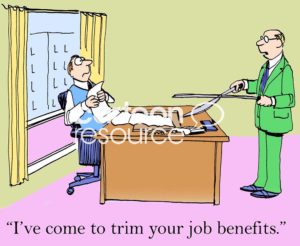 Color finance cartoon showing a worker's boss with huge scissors coming in to trim the startled employee's job benefits.