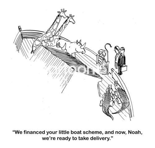B&W finance cartoon showing two venture capitalists saying to Noah and his ark that they're ready to take delivery of the returns on their investment money.