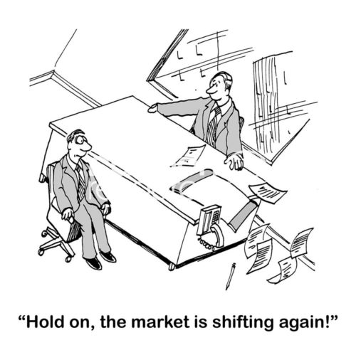 B&W finance cartoon showing two stock brokers and their office is tilted, '...the market is shifting again'.