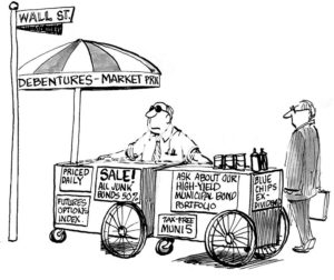 B&W finance cartoon showing a Wall Street broker selling his investments on a hot dog stand in New York City.