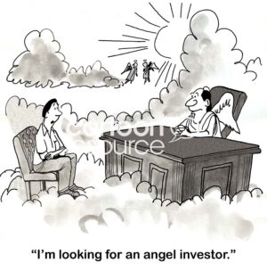 B&W finance cartoon showing an entrepreneur who has gone to heaven to try to find an angel investor.