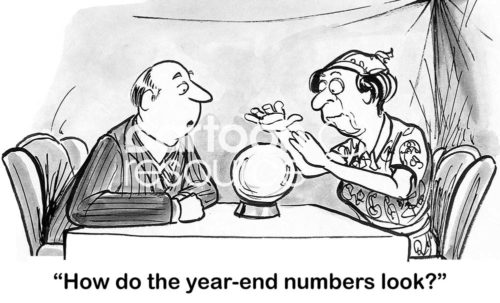 B&W finance cartoon showing a business man asking a gypsy to forecast the future and predict his year-end sales.