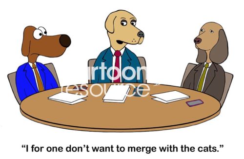 Color business cartoon of three business dogs. One says, 'I for one don't want to merge with the cats'.
