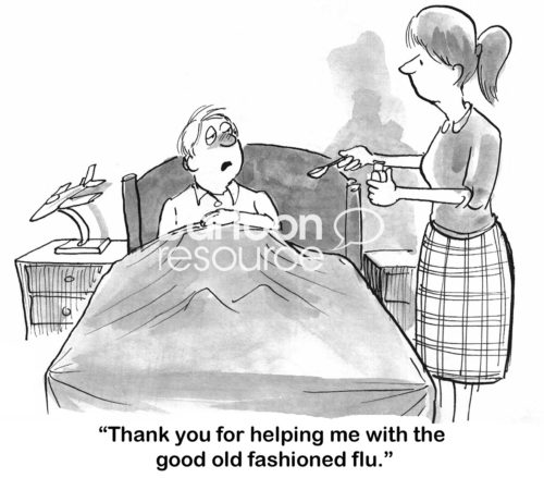 Medical cartoon showing a sick man thanking the woman for helping him recover from the flu.