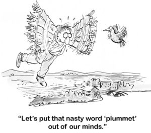 Change b&w cartoon of a man learning how to fly. His coach, the bird, says, 'let's put that nasty word "plummet" out of our minds'.