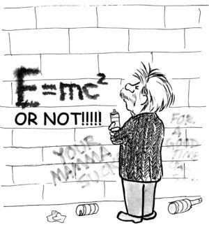 Education b&w cartoon of Einstein spray painting his famous formula as graffiti.
