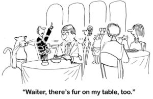 Restaurant B&W cartoon where cats are the waiters. There is fur on the patrons' tables.