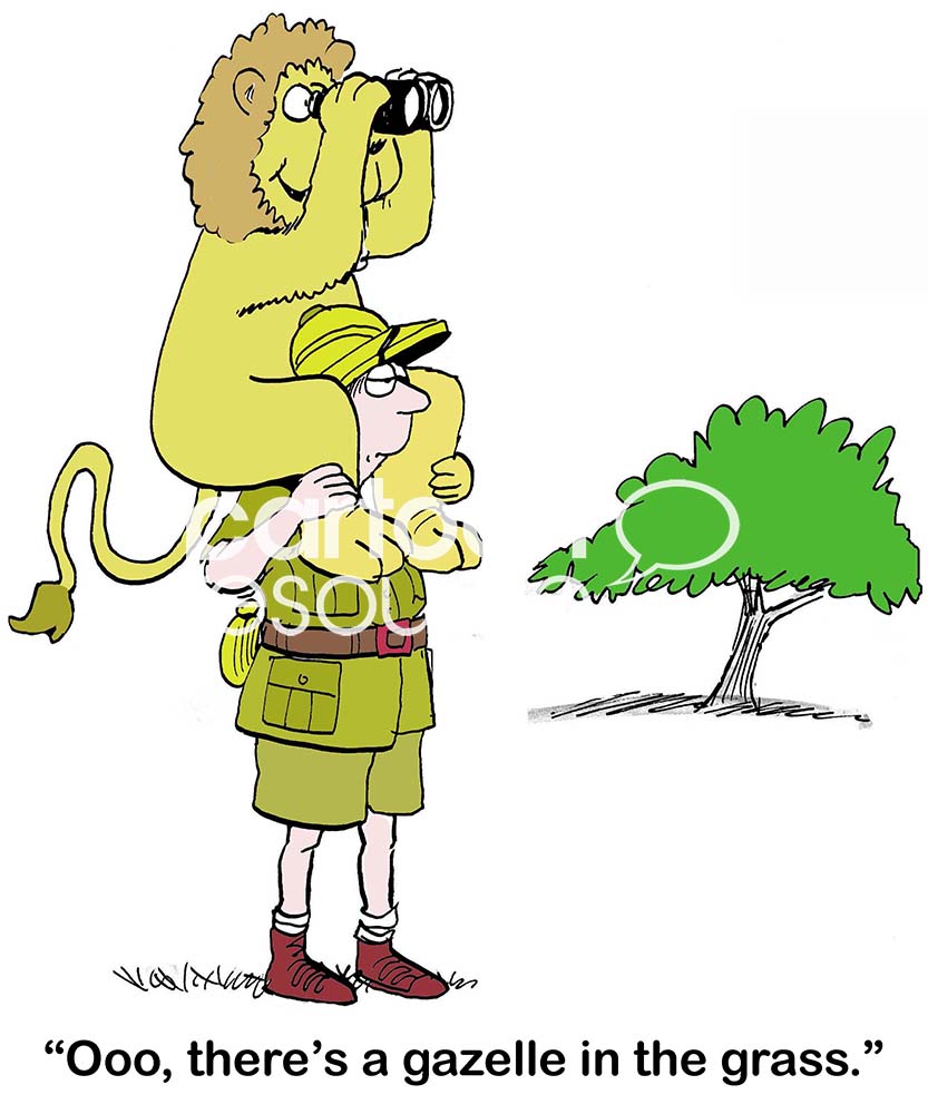 Animal color cartoon showing a lion with binoculars on a safari man's shoulders. The lion says, "Oooo, there's a gazelle in the grass".