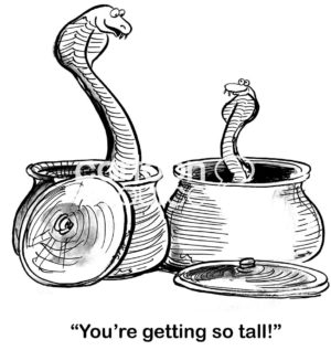 Family b&w cartoon of two snakes. The mother snake says to the other, "you're getting so tall".
