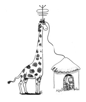 Family cartoon of a small hut in the African plains. The giraffe is holding their antenna up so they can get television reception.