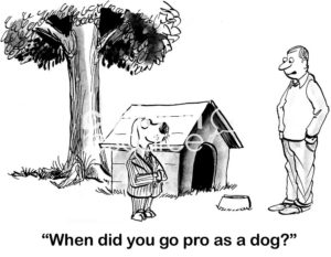 Dog b&w cartoo of a dog wearing a business suit and standing by his dog house. His owner asks him, "when did you go pro as a dog?".