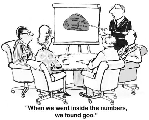 B&W cartoon showing five people at a meeting looking at a blob on a flip chart. 'When we went inside the numbers, we found goo'.