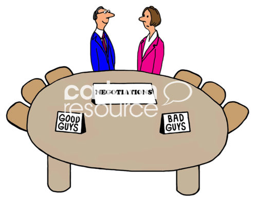 Legal cartoon showing a negotiation where the decision is already made - the name plates identify the "good guys" and the "bad guys".
