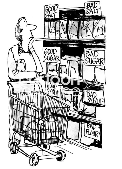 Medical cartoon showing a man grocery shopping and trying to decide between the good goods and the bad foods.