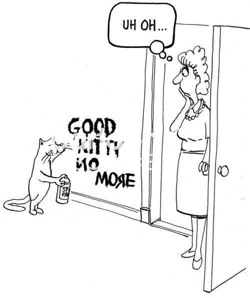 Cat b&w cartoon of a cat who has painted, 'good kitty no more' on the female owner's living room wall.