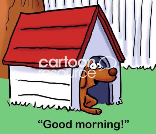 Color dog cartoon of a happy brown dog in his white dog house saying "good morning!".