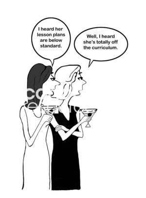 Education b&w cartoon of two women teachers gossiping about a third female teacher.