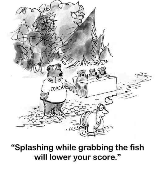 Sports b&w cartoon of a bear coach trying to encourage the male man to catch fish like a bear, 'splashing while grabbing the fish will lower your score'.
