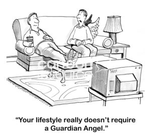 Family b&w cartoon of a man resting on a sofa. His Guardian Angel is with him, 'your lifestyle really doesn't require a Guardian Angel'.