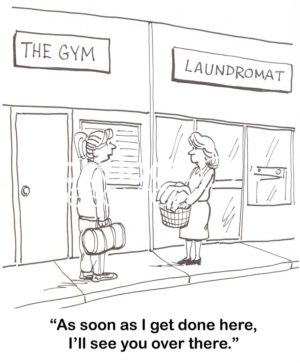Family cartoon showing two young women doing weekend chores at the gym and the laundromat.
