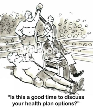 Insurance cartoon showing a knocked out boxer, he should have gotten health insurance sooner.  The male insurance agent asks him, as he lays on the boxing mat, "is this a good time to discuss health insurance options?".
