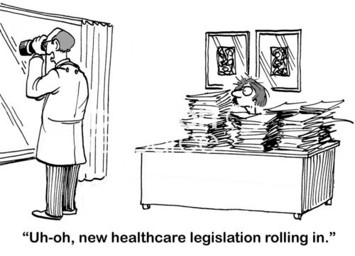 Medical cartoon showing a male doctor with binoculars seeing new healthcare legislation coming in.  The female insurance administrator for the doctor is stressed.