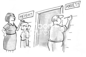 Family cartoon showing a mother measuring how tall her daughter is and the father, correspondingly, noting his anxiety increasing.