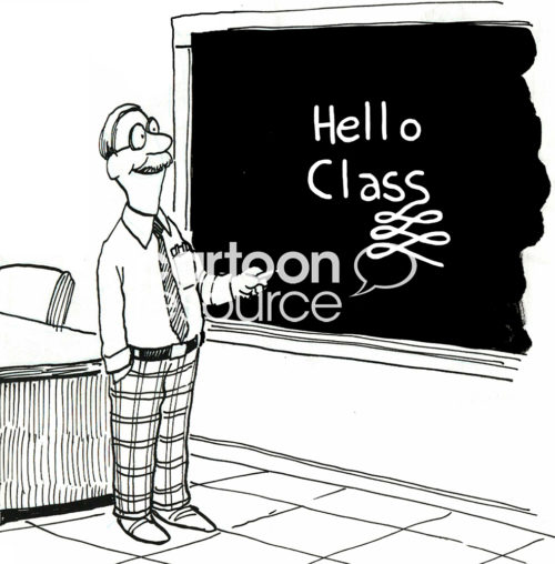 Education b&w cartoon of a smiling teacher and "hello class".
