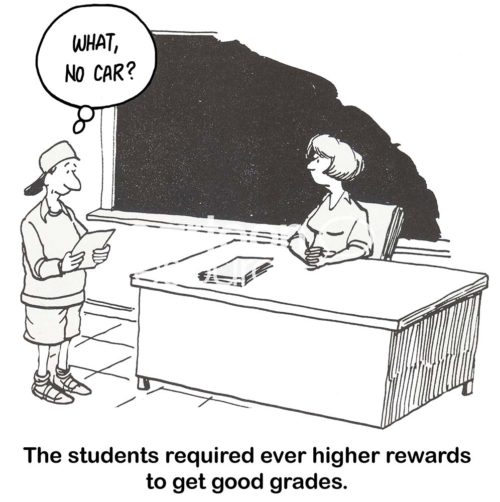 Education b&w cartoon showing a greedy, male student who expects to receive a new car in exchange for a good grade from his female teacher. 