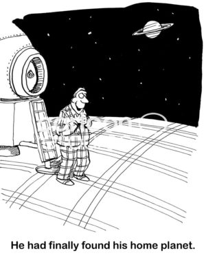 Family b&w cartoon of a man wearing a plaid suit landing on a plaid planet, 'he had finally found his home planet'.