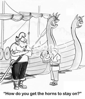Family b&w cartoon of a boy asking a Viking how the '... horns...' stay on his Viking helmet.