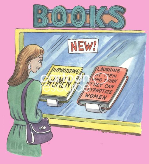 Dating color cartoon of a woman laughing at a book in a store window about men thinking they can 'hypnotize women'.