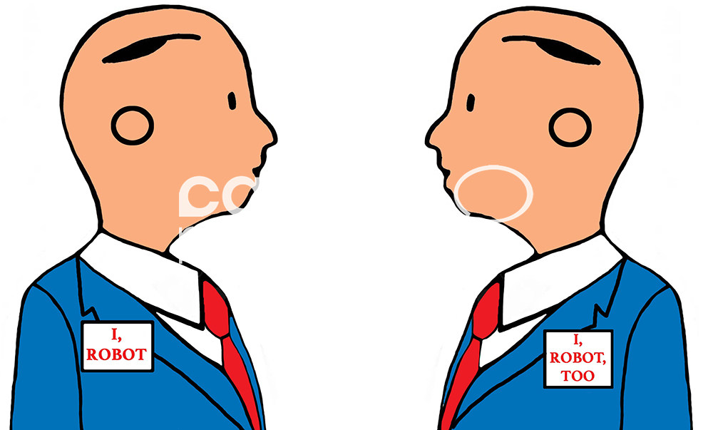 Technology color cartoon of two humanoid robots looking at each other.