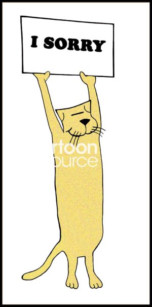 Cat color cartoon of the smiling yellow cat standing on its hind legs and holding an "I sorry" sign.