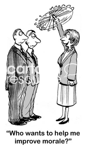 Office b&w cartoon of an excited business woman saying to two unenthusiastic businessmen, "Who wants to help me improve morale?".