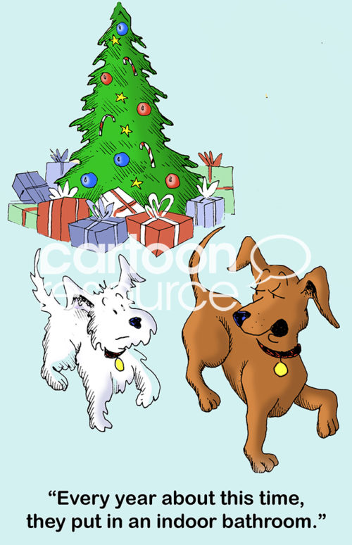 Christmas color cartoon showing a Christmas tree and two dogs. One says, 'every year about this time, they put in an indoor bathroom'.