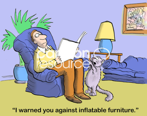 Cat color cartoon of a discouraged man sitting on deflating plastic burning, the cats claws have ruined all of his plastic furniture.