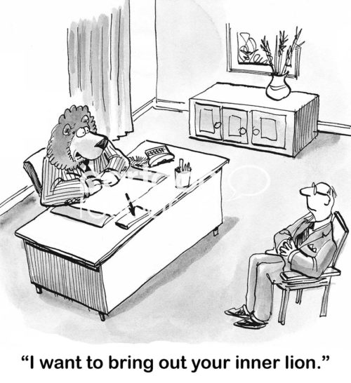 Leadership b&w cartoon of a lion boss saying to a businessman, 'I want to Brin out your inner lion'.