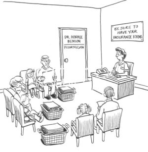 Medical B&W cartoon of a doctor's waiting room. Each patient has a big basket each filled with insurance forms.
