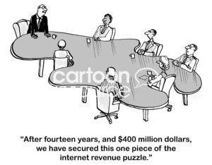 E-commerce cartoon showing the piece of the internet puzzle the company has gained after 14 years and $400 million invested.