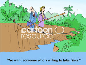 Color interview cartoon showing a challenging job interview where the recruiter is requiring the job candidate to walk a tightrope  and saying we want someone willing to take risks.