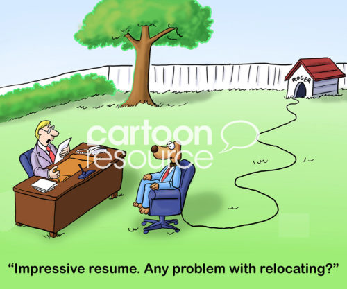 Color interview cartoon showing a worker dog with an impressive resume in a job interview.  The recruiter asks the worker dog, 'any issues with relocating?'.