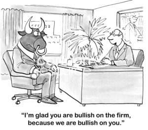 B&W interview cartoon of an male interviewer complementing the job candidate bull on everything except his nose ring.
