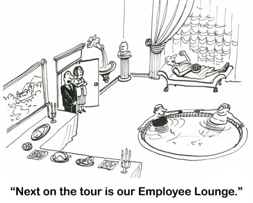 B&W interview cartoon showng an HR manager giving a job Candidate a company tour - 'next on the tour is our Employee Lounge' - it looks like a luxurious lounge made for Roman gods.