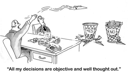 B&W interview cartoon showing a terrible job recruiter.  He simply throws the resumes into a 'yes' or 'no' bucket to make hiring decisions.