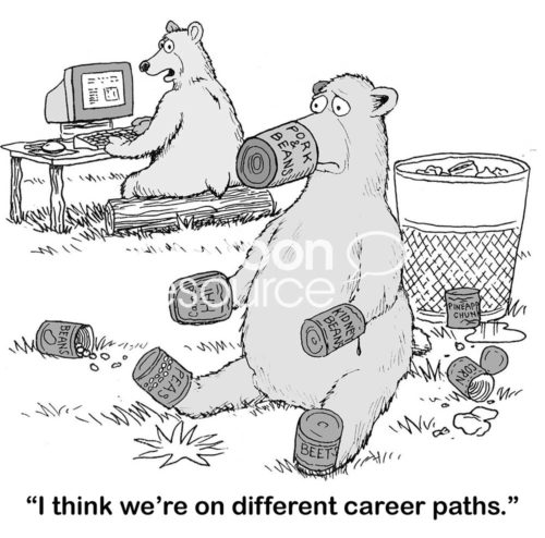B&W interview cartoon of two bears, one is working on a computer and the other is eating out of bean cans.  One bear states, "we're on different career paths".