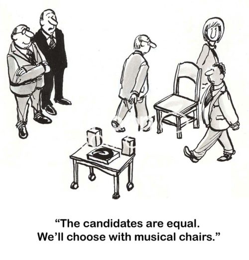 B&W interview cartoon showing three job candidates circling one chair.  The job recruiter states they are all equal, so they will choose who to give a job offer to through musical chairs.