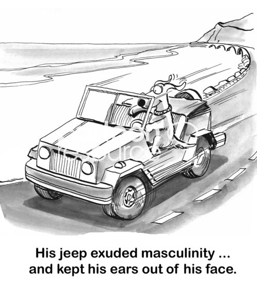Dog b&w cartoon of a happy dog driving a jeep. "His jeep exuded masculinity... and kept his ears out of his face".