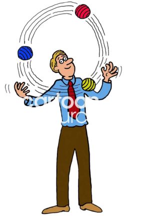 Color cartoon of a smiling man juggling three balls in the air.